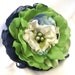 Navy, LIme Green and Cream Fabric Wedding Flower Hair Clip Brooch, Bride, Bridesmaid, Mother of the Bride with Faux Pearl Accent