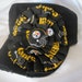 Black Cadet Military Distressed Hat with a Pittsburgh Steelers Colored Fabric Flower and Steelers Button Accent