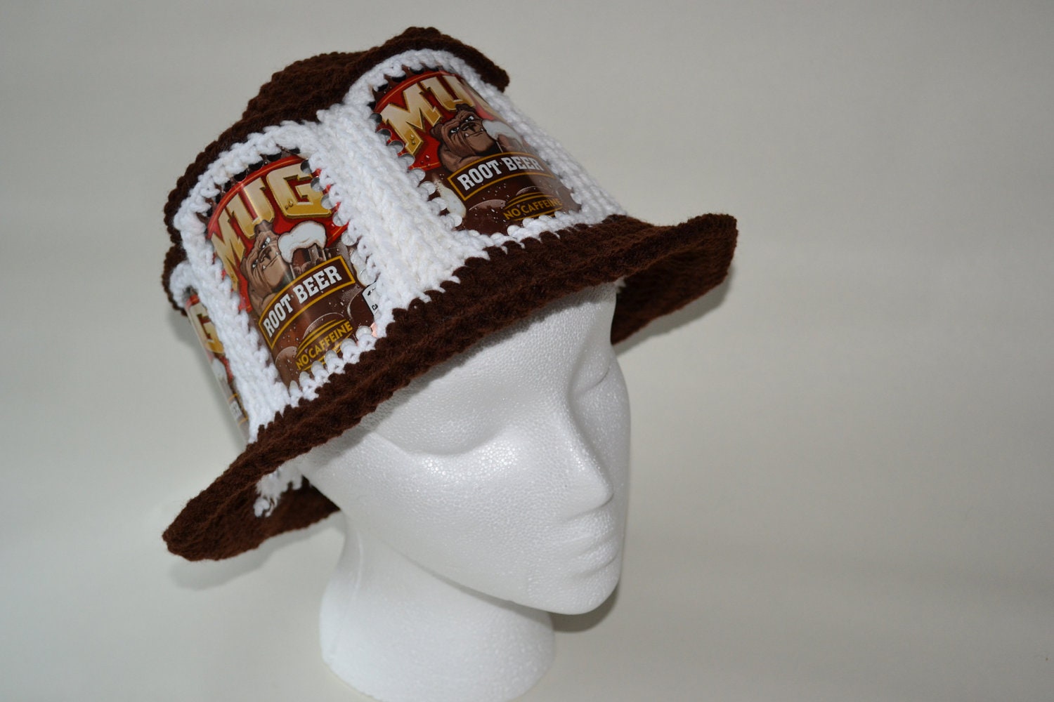Recycled Mug Root Beer crocheted soda can hat