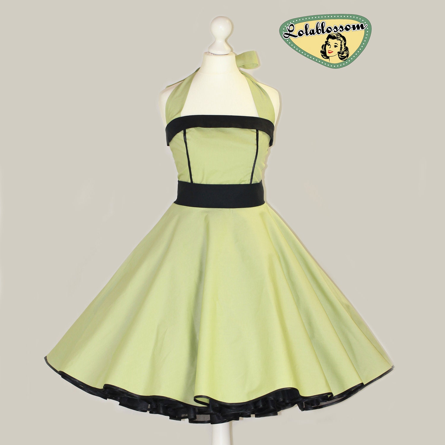 50's vintage dress full skirt uni light green black