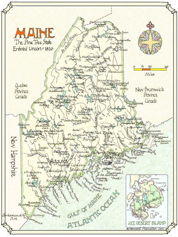 maine map in two sizes etsy