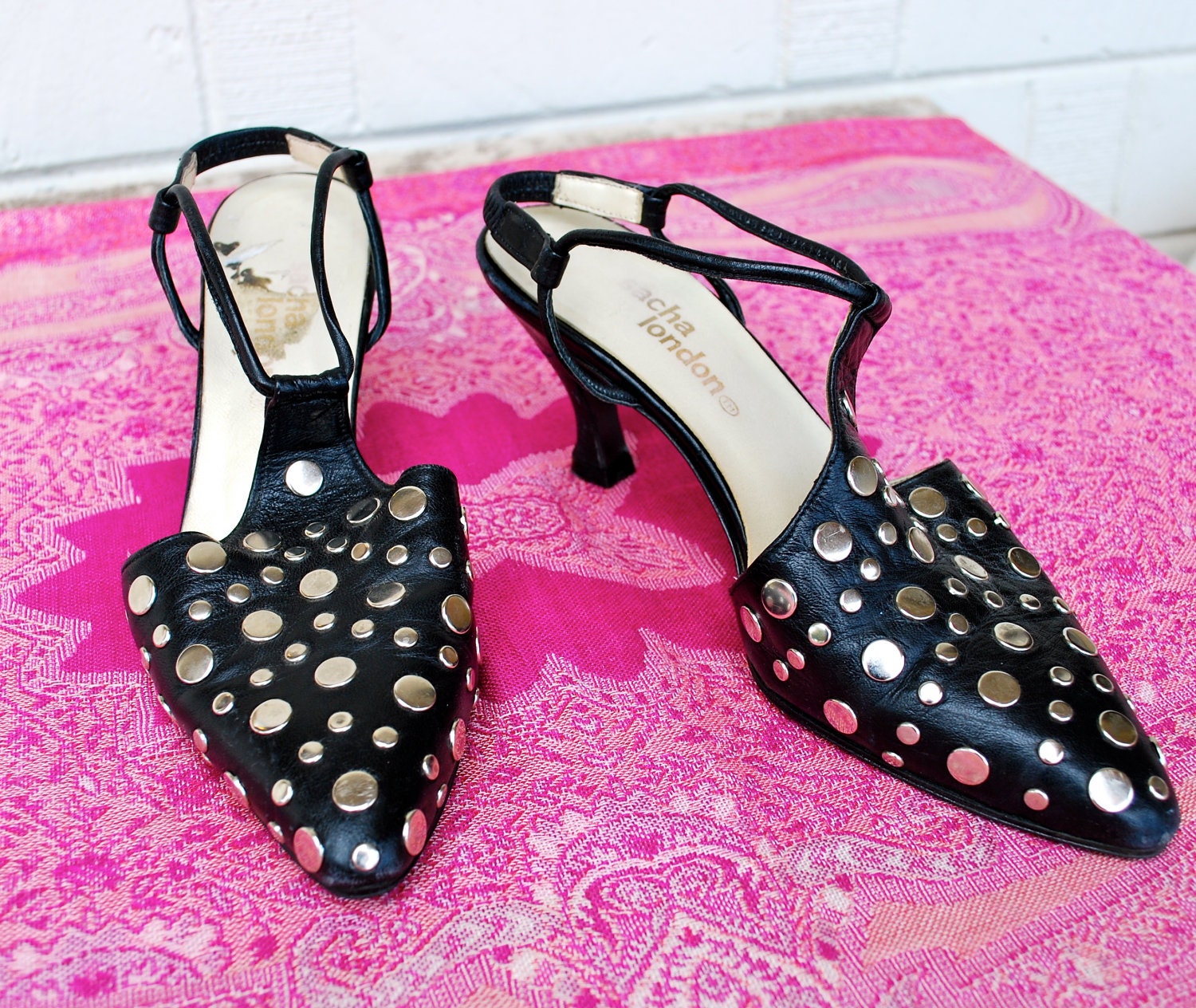 Vintage Black Leather Studded Tstrap Rocker Heels Size 5.5B Haute