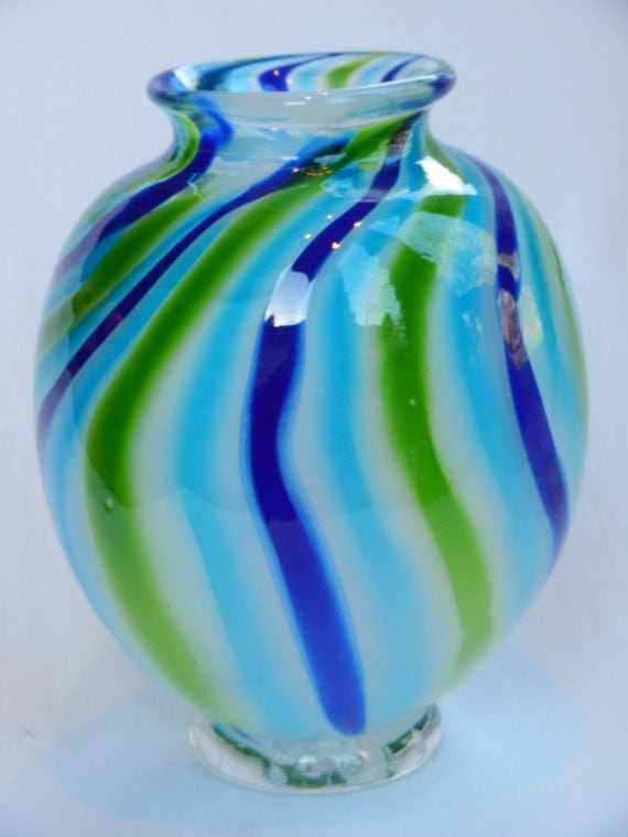 Hand blown glass blue-green-aqua striped vase