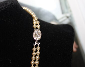 Antique Faux Pearl & Rhinestone Double Strand Necklace, 1940's, Bridal/Evening