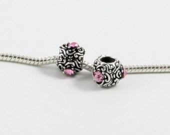 3 Beads - Pink Scroll Rhinestone Silver European Bead Charm E0548