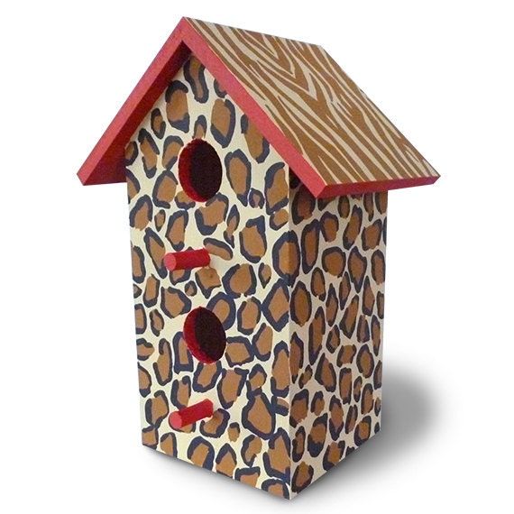 Hand Painted Wooden Bird House With Leopard And Zebra Animal Prints 