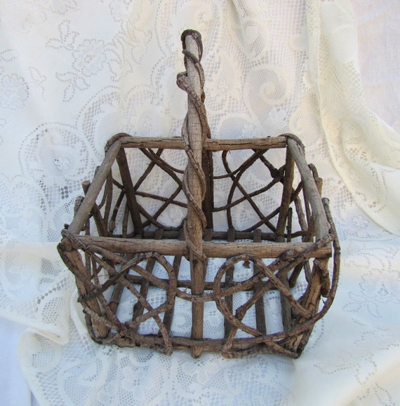 Antique Hand Woven Grapevine Basket Large with Handle
