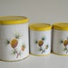 Vintage Pine Cone Tin Canisters Kitchen Metal Yellow Set of 3 lids & bases. Large Medium. Shabby Chic DecoWare. Storage 70s 1970s 80s 1980s