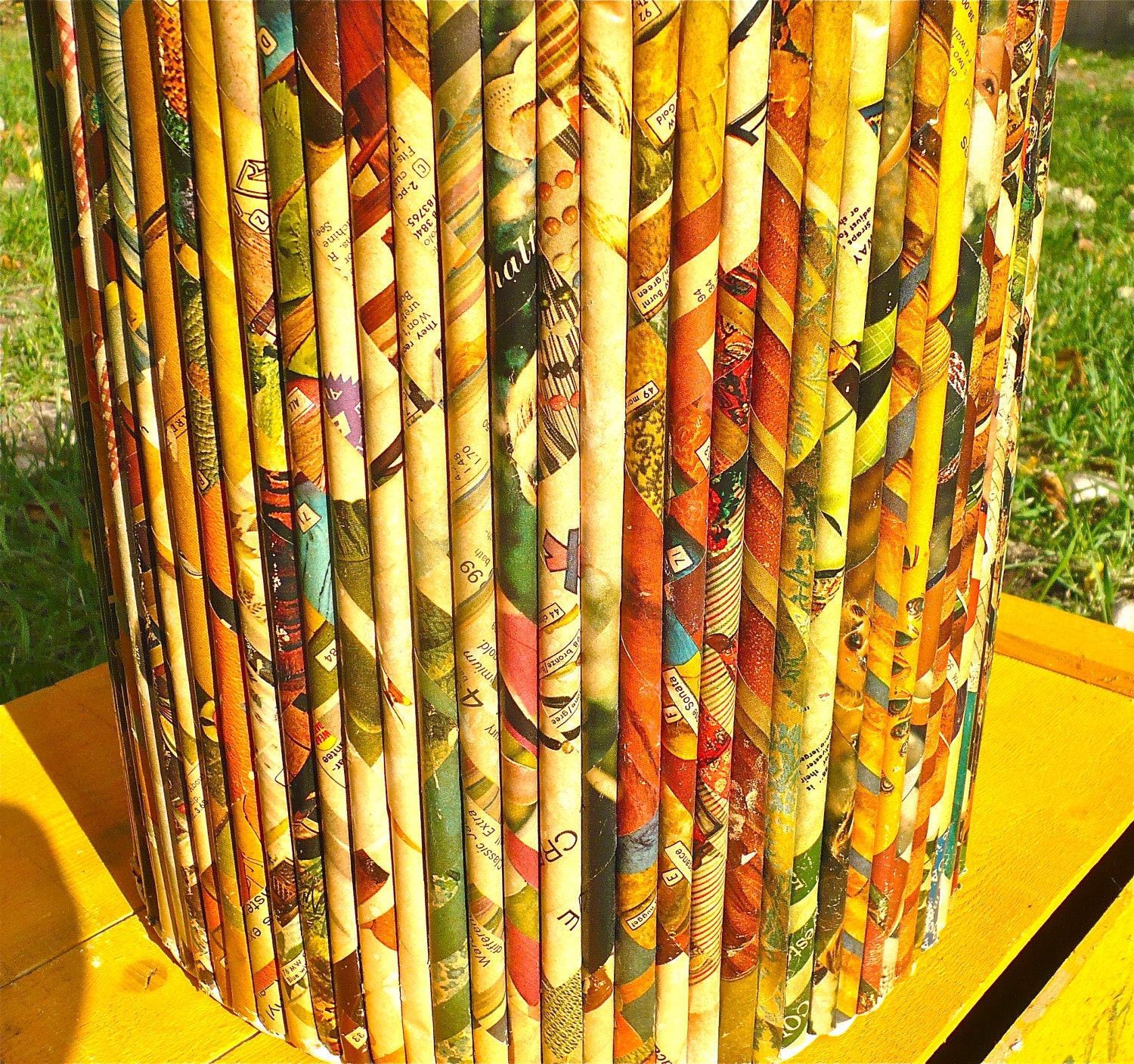 Vintage Rolled Paper Trash Can Folk Art Trash Bin