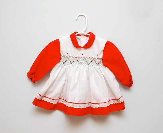 Vintage 1970s smocked holiday baby dress