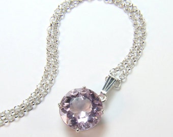 Amethyst ('Rose de France' Amethyst), 12mm x 5.62 Carat, Round Cut, Sterling Silver Pendant Necklace