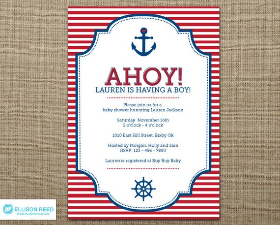 Nautical Invitation - Baby Shower Invitation - Anchor Invitation - Nautical Printable - Ahoy - Boy Baby Shower - Girl - Red - Blue Il_570xn