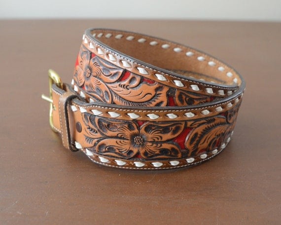 Justin Western Tooled Leather Belt Stitched Red Velvet and