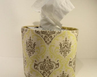 Tissue Holder-Fabric Basket Organizer Bin Storage Container-Yellow Gray and Ivory Damask Print with Solid Yellow Interior