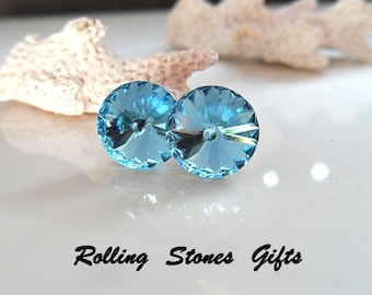Aquamarine 8.4mm Swarovski Rivoli Rhinestone Stud Earrings-Aquamarine Crystal Studs-March Birthstone Rhinestone Studs-Small Birthstone Studs