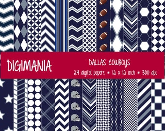 OFF %40 - INSTANT DOWNLOAD - Digital Paper Pack - Dallas Cowboys Colors - Navy, Silver and White 24 Printable Papers