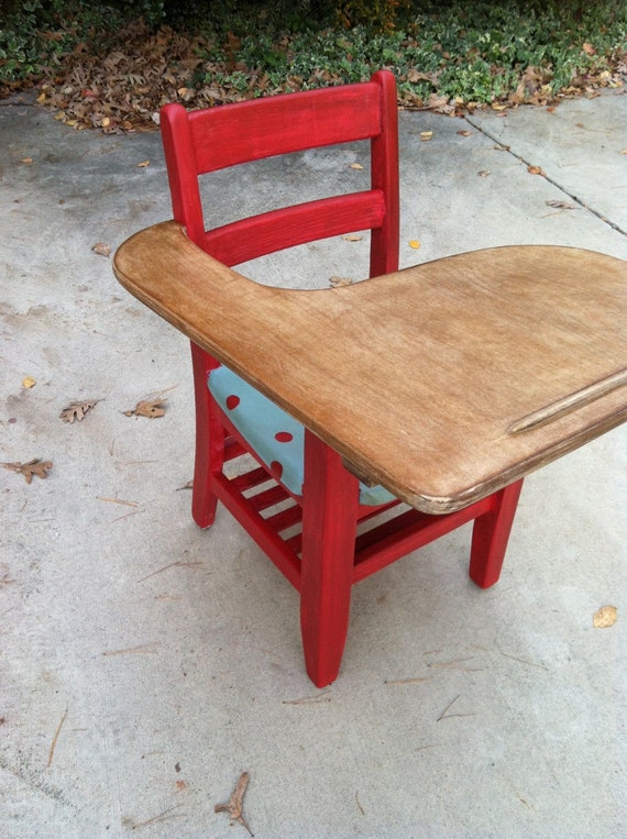 Vintage Childs School Desk Turquoise and Red Hand Painted and