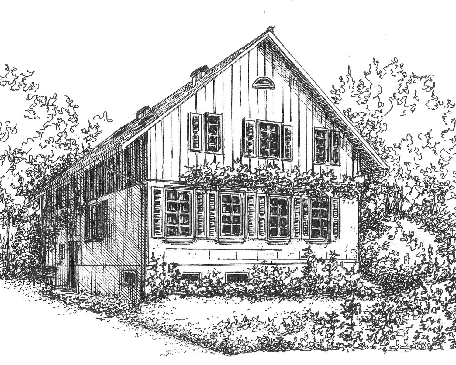 Custom House Portrait Drawing of house in ink black and