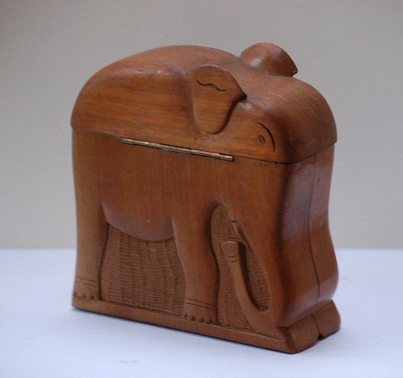 Art Deco Style 1940s Carved Wooden Elephant Box Cigarette