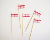 Ribbon Cupcake Cake Topper Flags, Set of 12, Wedding, Shower, Birthday, Party Decor -rustic country red and pink gingham