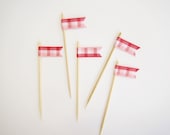 Ribbon Cupcake Cake Topper Flags, Set of 12, Wedding, Shower, Birthday, Party Decor -rustic country red and pink gingham