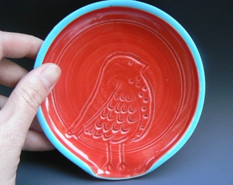 Little bird, retro red and turquoise spoon rest with custom options, soap dish ooak, READY TO SHIP