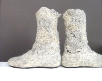 Wool Felted Boots,Felted Boots,Lacy Crocheted Boots,Slouch Lace Boots,Leg warmer,Lace Boots Cuff,Out/Indoor Boots,Slow Design -momoish made