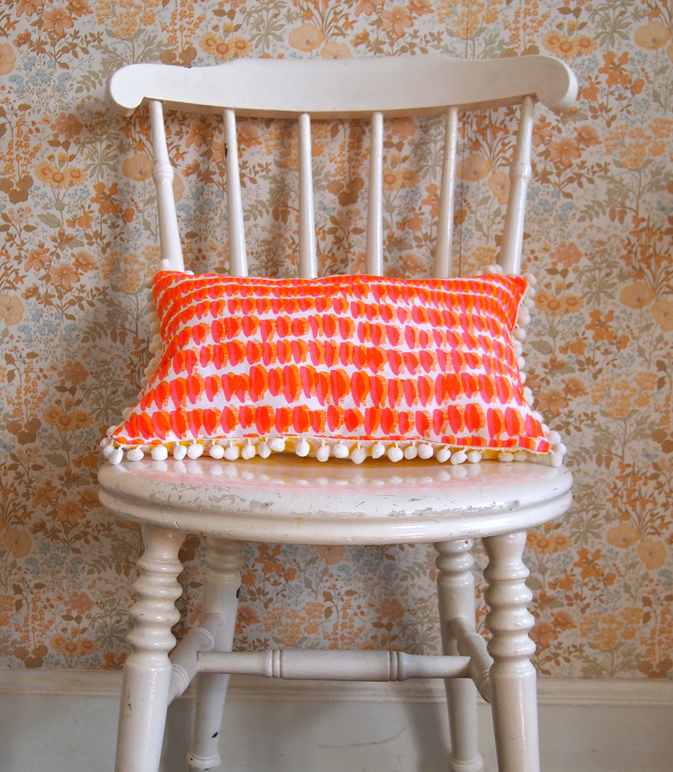 Hand Printed Linen Pom Pom Cushion