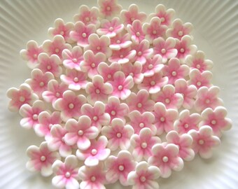 30 Pink on White Blossoms / Gum Paste Flowers / Edible Cake Topper and Cupcake Decorations