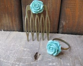 Turquoise hair Comb,Wedding Hair Comb,set of ring and hair comb,Flower Hair Comb