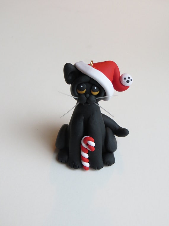 Christmas Ornament Polymer Clay Black Cat Figure