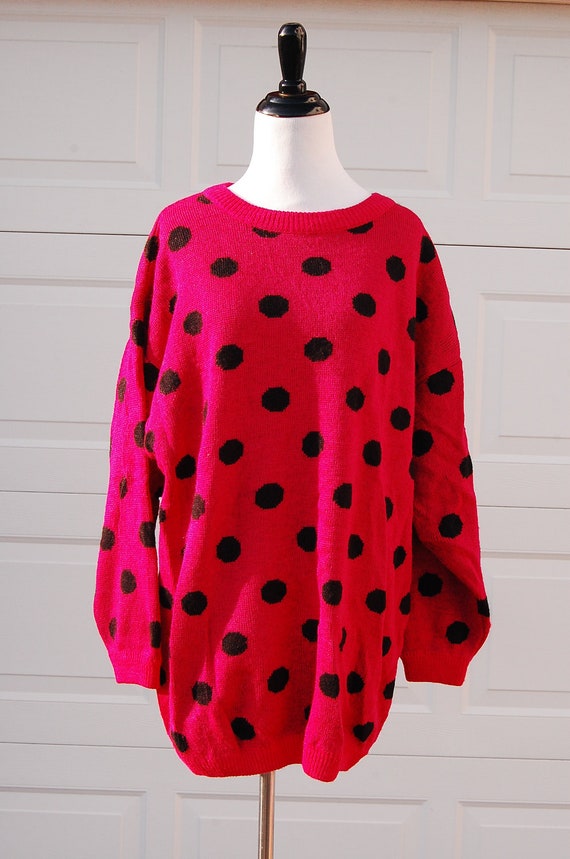 1980s Hot Pink Sweater with Black Polka Dots Oversized