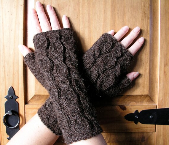 Brown alpaca hand knitted fingerless gloves / by CrazyAboutGloves