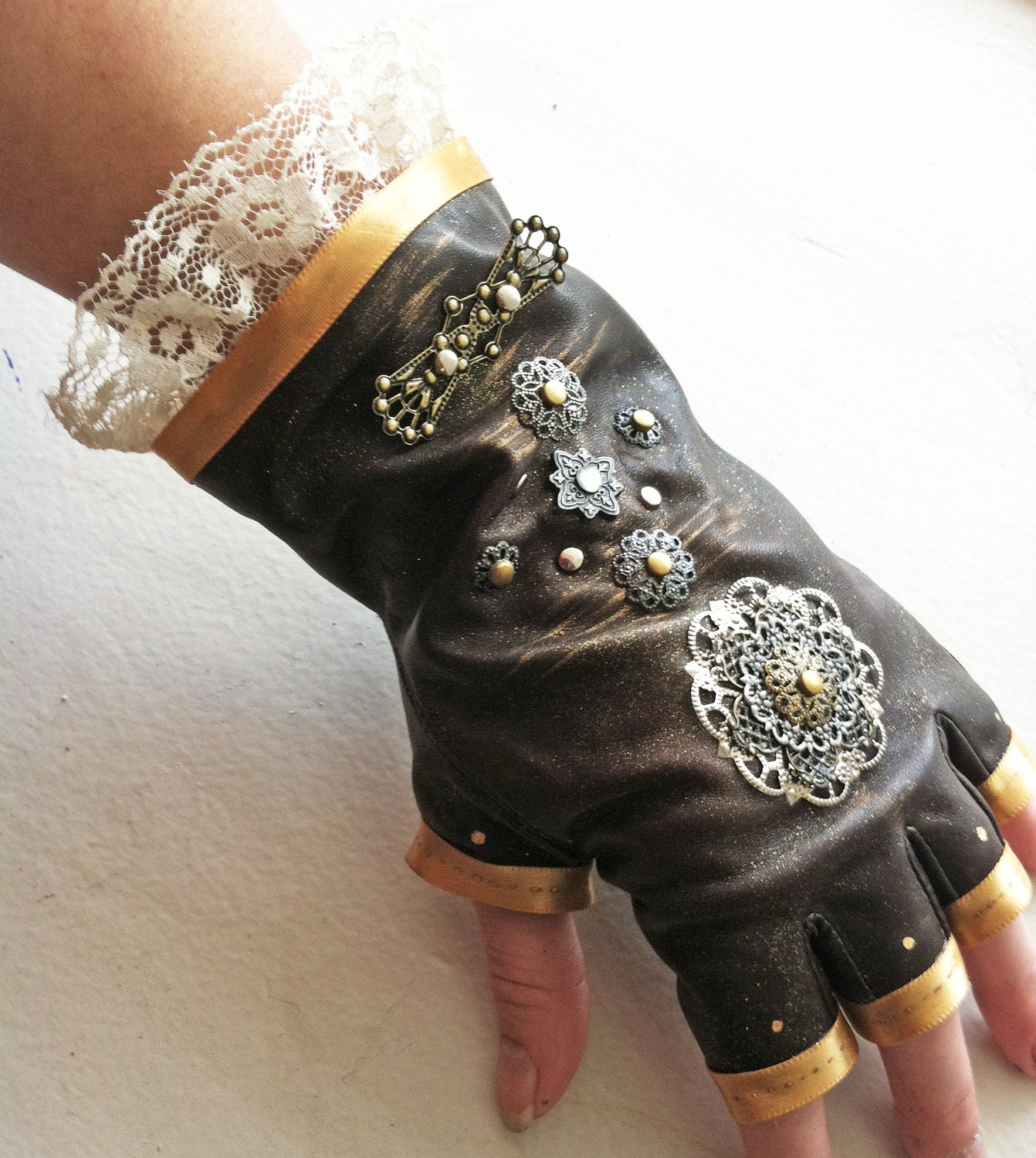 Lacy Leather Steampunk Gloves