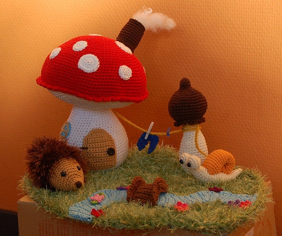 Amigurumi crochet house mushroom cottage with hedgehog snail