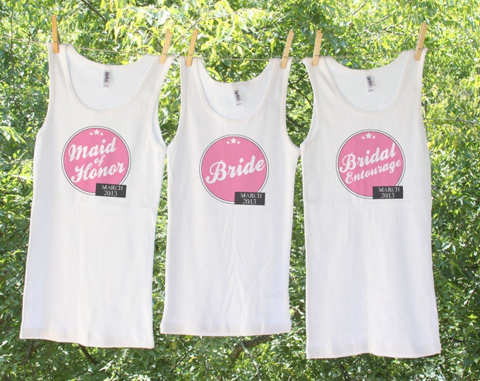 Set of 5 Bachelorette Circle Bride, Maid of Honor and Bridal Entourage Tanks with date