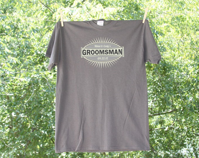 Grey Emblem Groomsman Wedding Party Shirt with Date