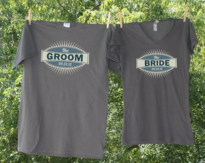 Bride and Groom Blue Emblem with date - two shirts : 12-15M