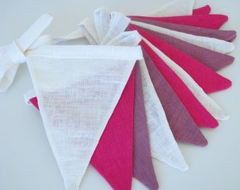 Bunting / Fabric Flag Banner / Pennant Nursery / Porch / Patio Decor / Photo Prop / Pink / Purple / White