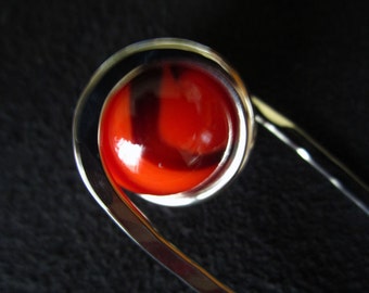 Handcrafted Hair Pin in Nickel Silver with Deep Orange and Black sphere - Your CHOICE of Length - Haar Gabel - Metal Hair Fork