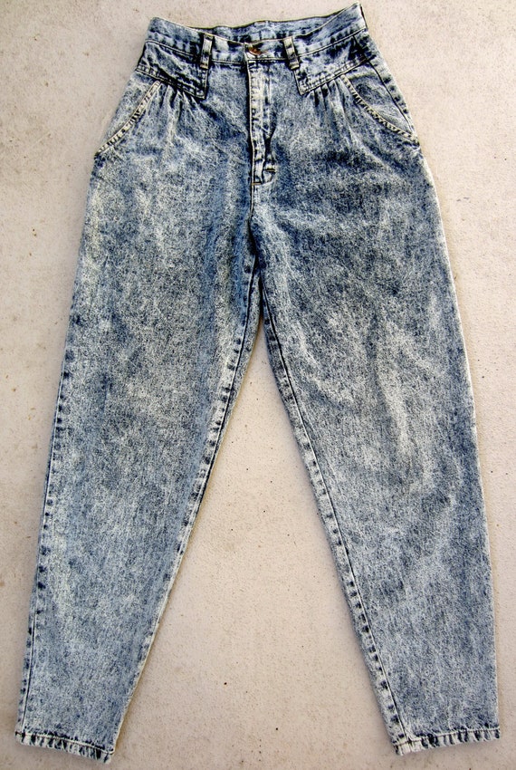 Acid Wash Denim Jeans Vintage 1980s High Waisted Pleated