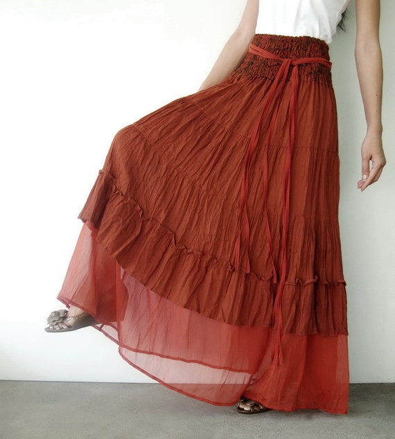 NO.36 Rust Cotton Tiered Peasant Skirt Long Maxi by JoozieCotton