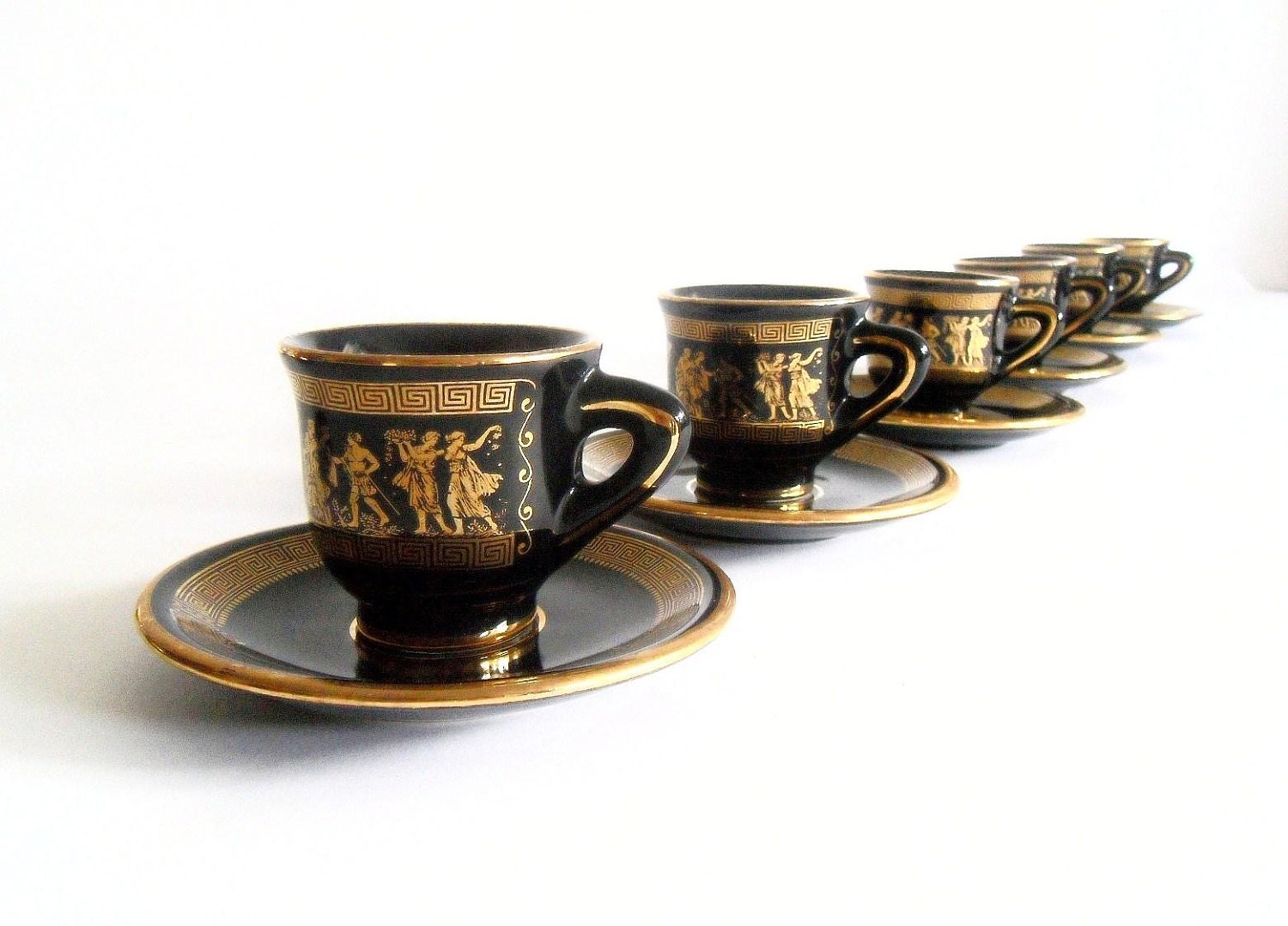 Ornate Black and Gold Greek Demitasse Tea Set. by owlsongvintage