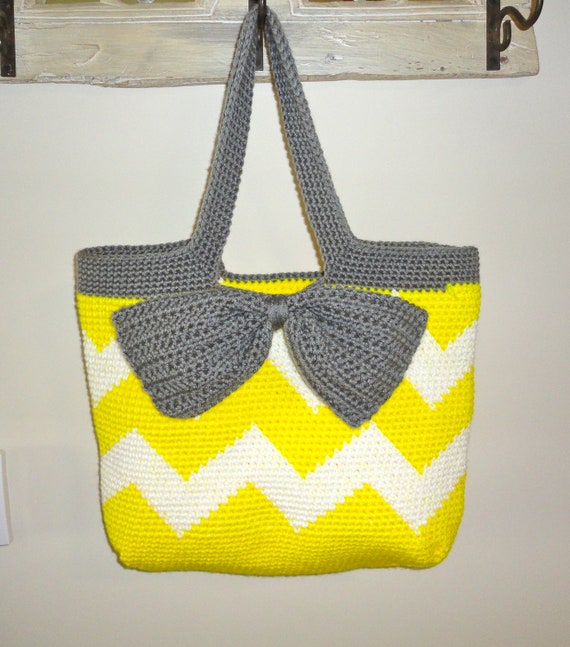 Neon Yellow Chevron Stripe Crochet Tote Bag Neon Yellow and