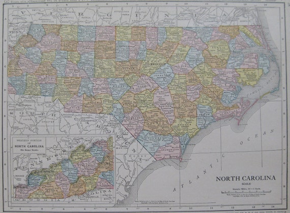1913 NORTH CAROLINA Map Antique Atlas Map of North Carolina