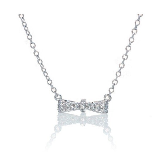 18 Karat White Gold Diamond Mini Bow Bar Pendant Necklace
