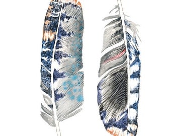 PRINT of Feather painting - feather art - blue jay - in grey / indigo / cobalt blue / sienna brown / black / white