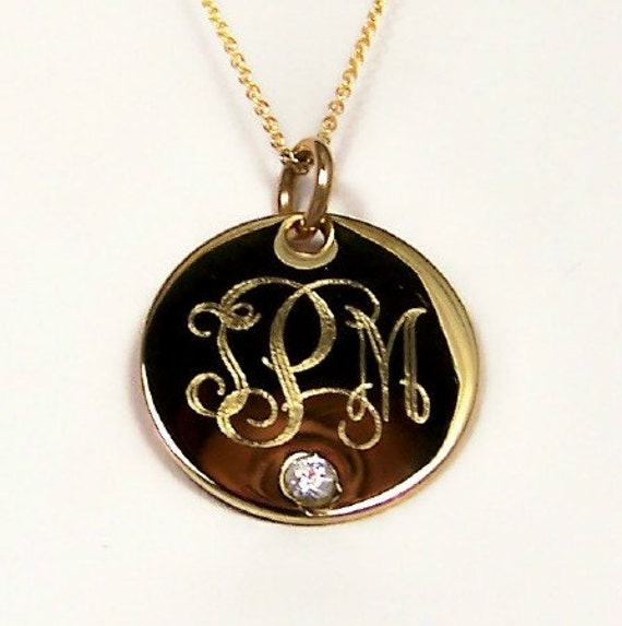 Items similar to Gold Monogram Necklace with Birthstone, 7/8&quot; 14K gold Filled Disc Personalized ...