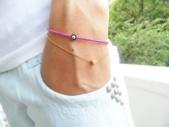 Evil eye bracelet in pink ball chain with gold by Handemadeit