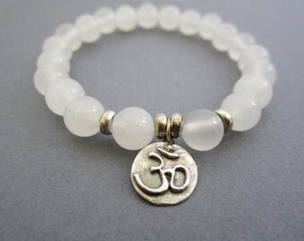 OM Beaded Prayer beads, Sterling silver OM bracelet, White Jade Beaded ...